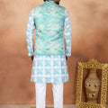 Refresh Sea Green and Off-White Digital Print Jacquard Kurta Pyjama with Nehru Jacket for Men