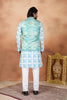 Refresh Sea Green and Off-White Digital Print Jacquard Kurta Pyjama with Nehru Jacket for Men