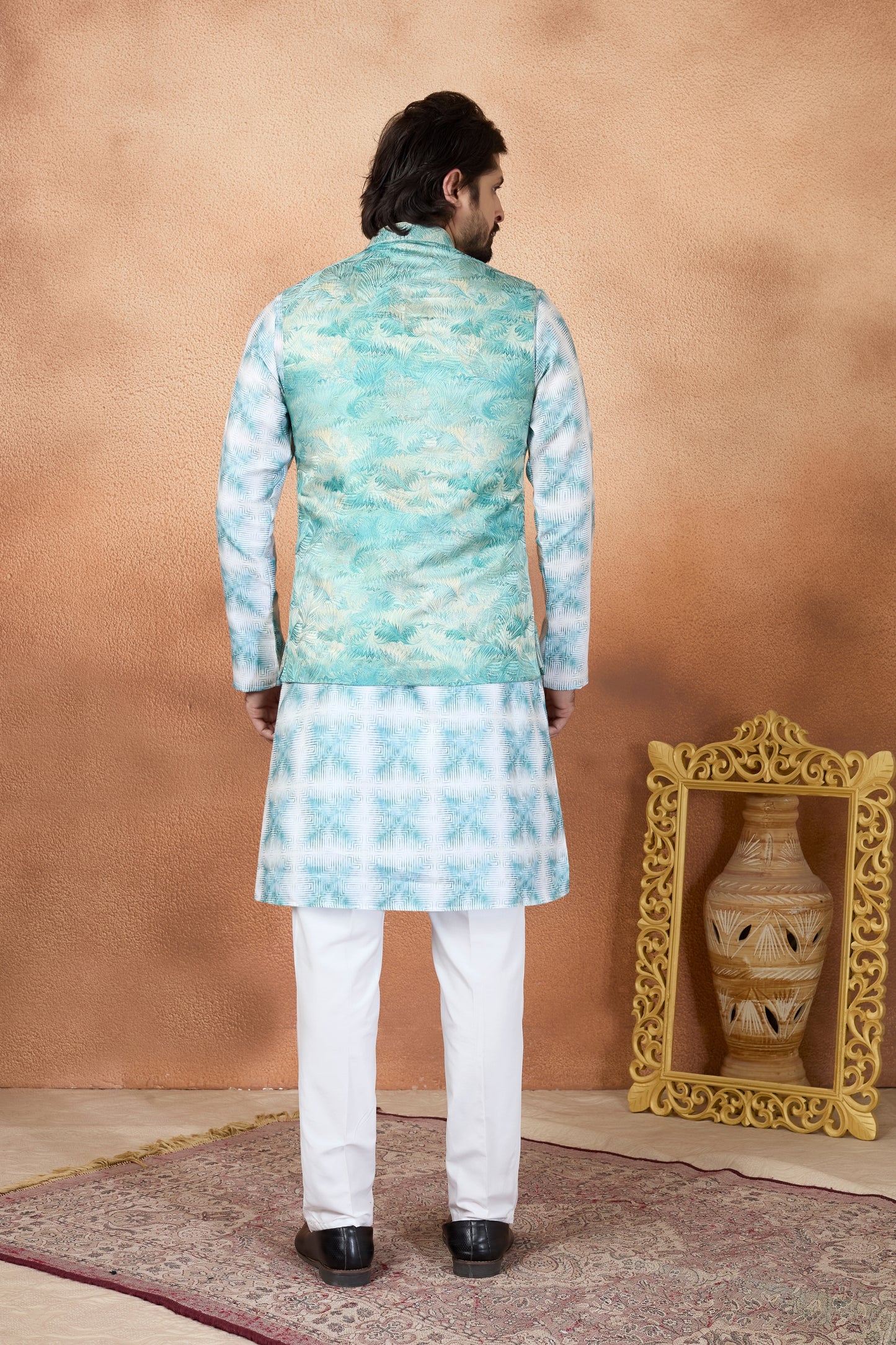 Refresh Sea Green and Off-White Digital Print Jacquard Kurta Pyjama with Nehru Jacket for Men