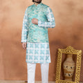 Refresh Sea Green and Off-White Digital Print Jacquard Kurta Pyjama with Nehru Jacket for Men