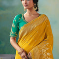 Mustard Yellow Silk Saree Teal Green Embroidered Blouse