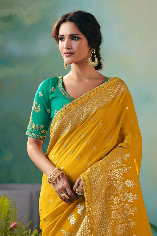 Mustard Yellow Silk Saree Teal Green Embroidered Blouse