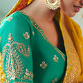 Mustard Yellow Silk Saree Teal Green Embroidered Blouse