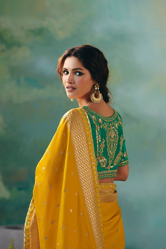 Mustard Yellow Silk Saree Teal Green Embroidered Blouse
