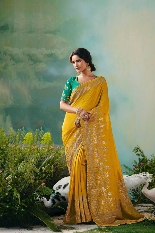 Mustard Yellow Silk Saree Teal Green Embroidered Blouse