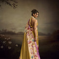 Olive Green Linen Silk Saree Floral Digital Print Purple Border