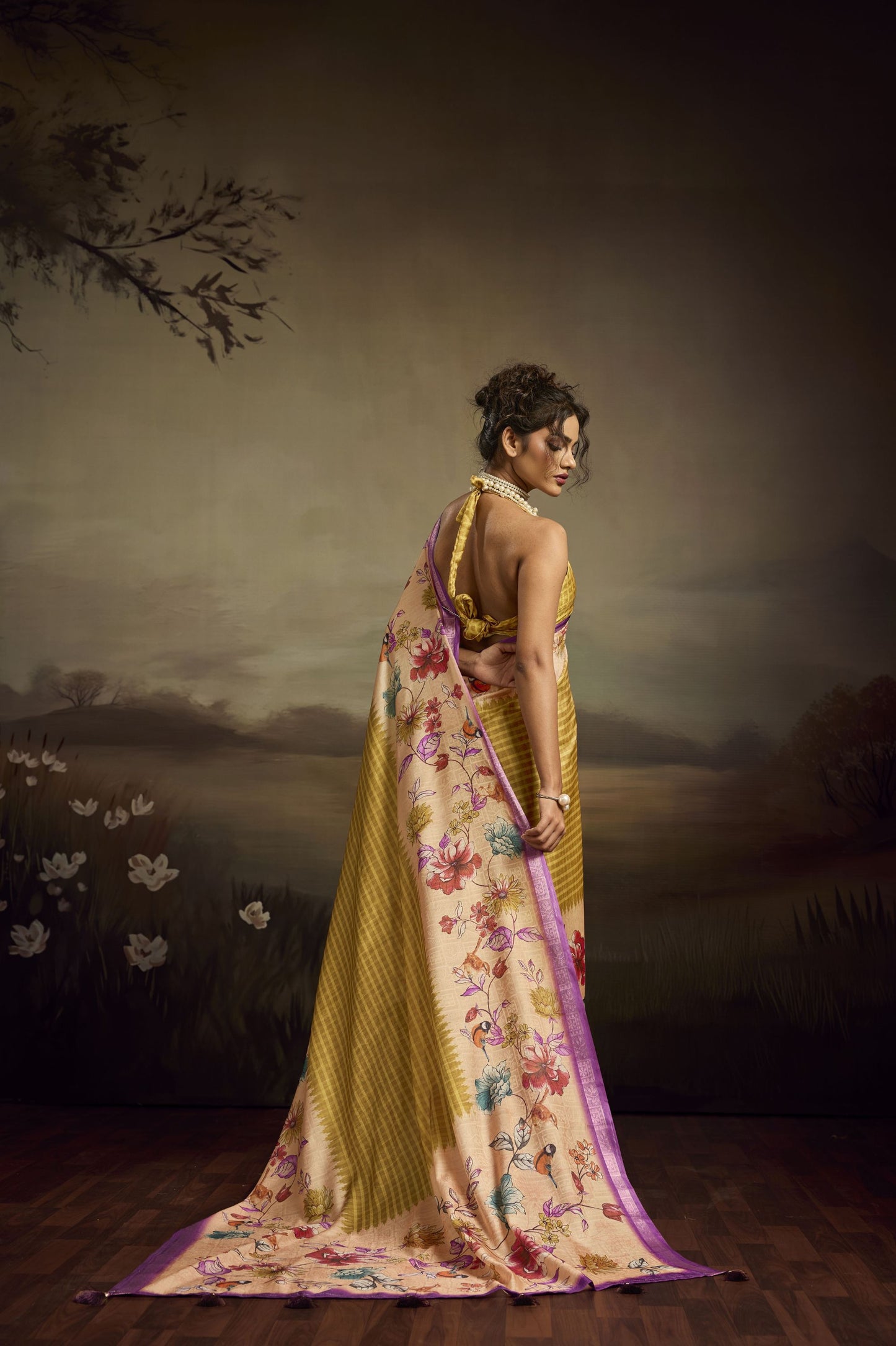 Olive Green Linen Silk Saree Floral Digital Print Purple Border