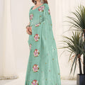 Mint Green Organza Saree Floral Embroidery Work Designer Blouse