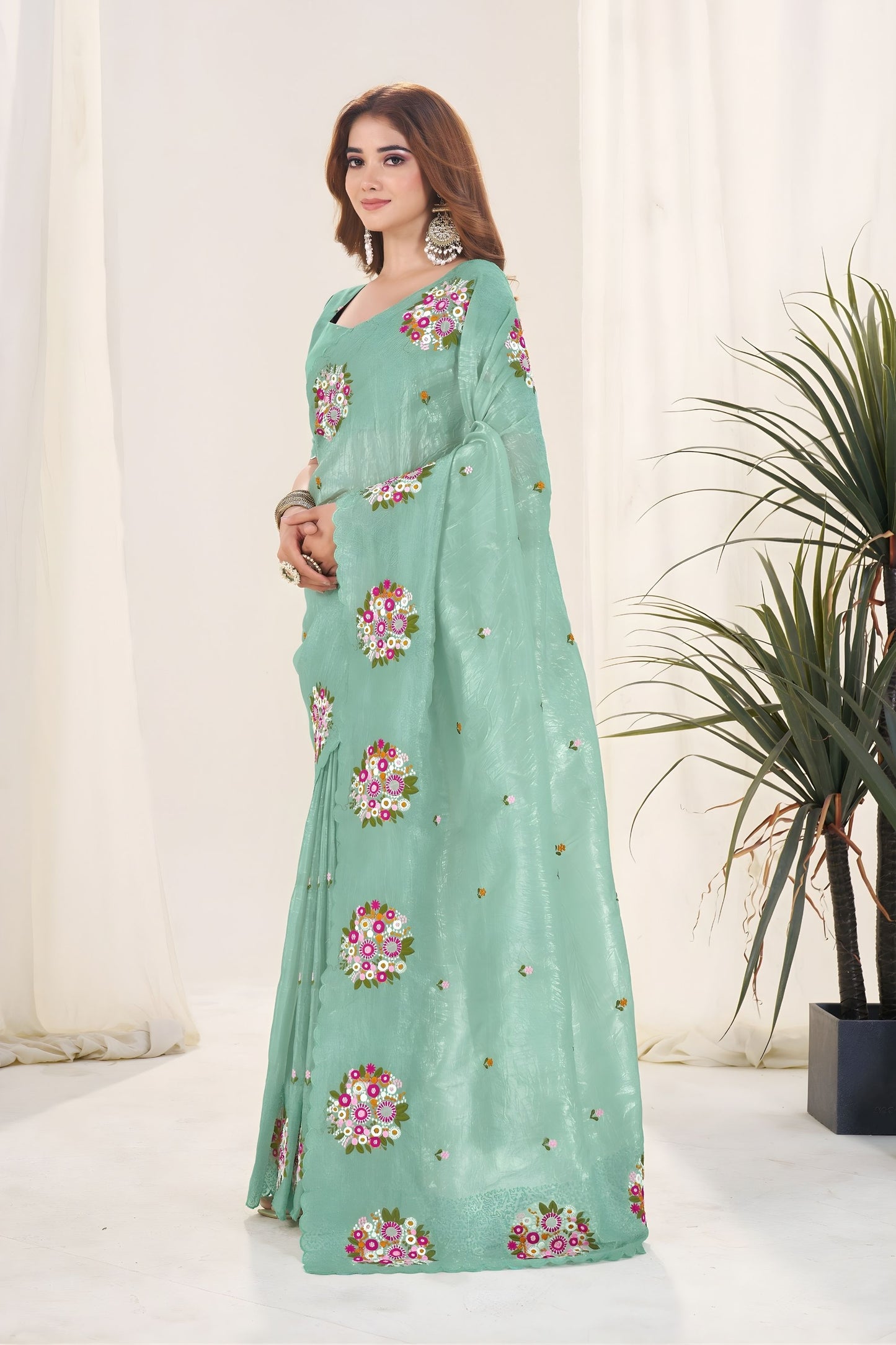 Mint Green Organza Saree Floral Embroidery Work Designer Blouse