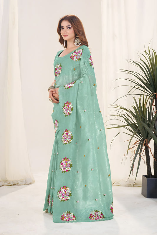 Mint Green Organza Saree Floral Embroidery Work Designer Blouse