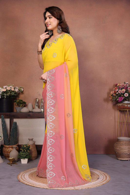 Yellow and Peach Georgette Saree Embroidered Border Work