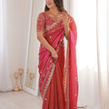 Designer Rani Pink Organza Silk Party Wear Saree with Embroidered Blouse