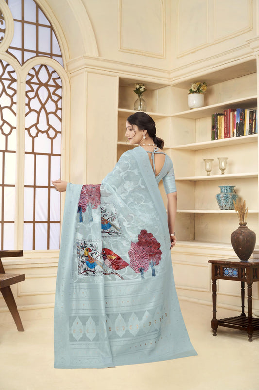 Sky Blue Linen Saree with Colorful Bird Print and Woven Detailing