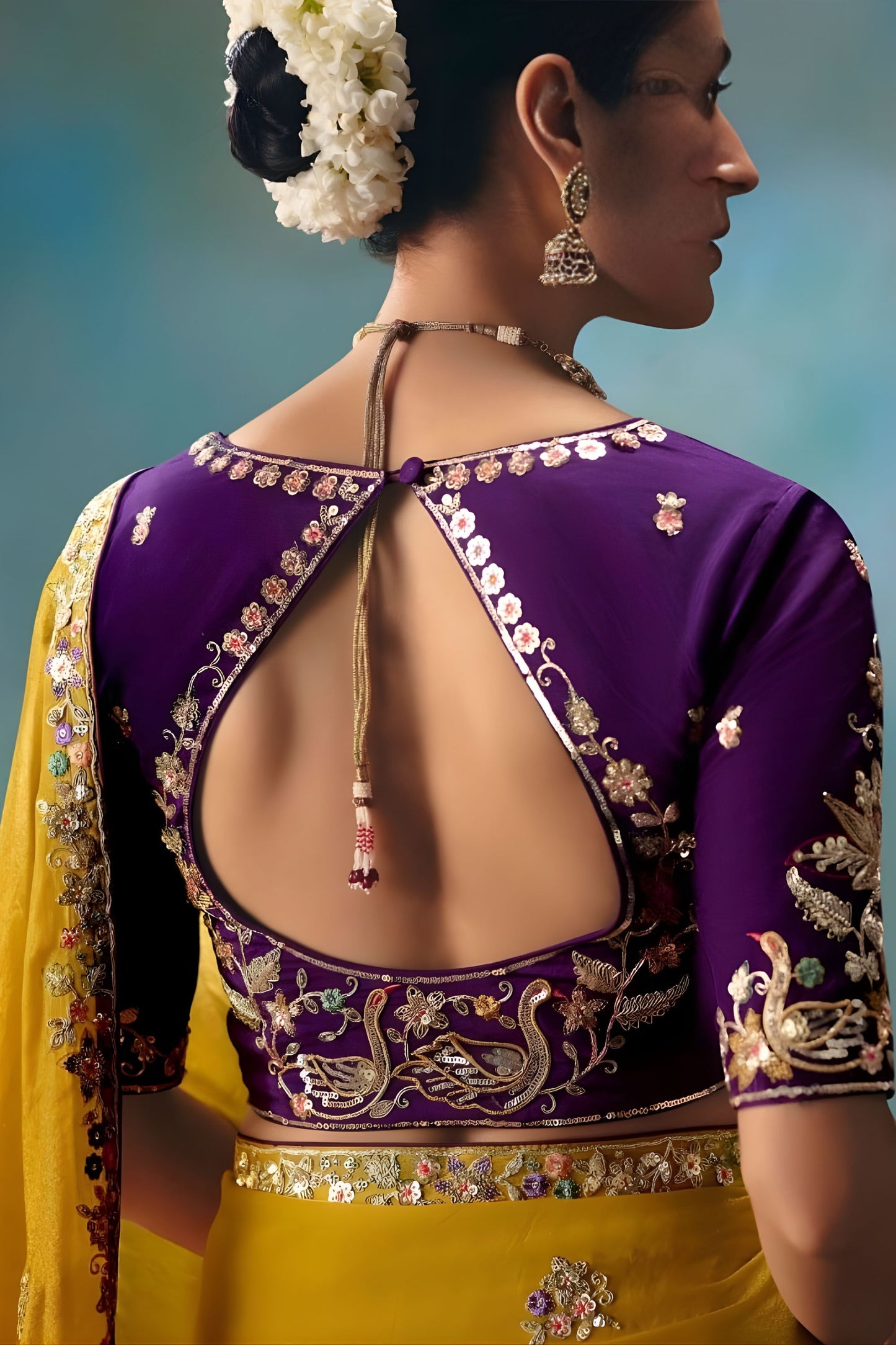 Mustard Yellow Saree with Gold Embroidery Purple Blouse