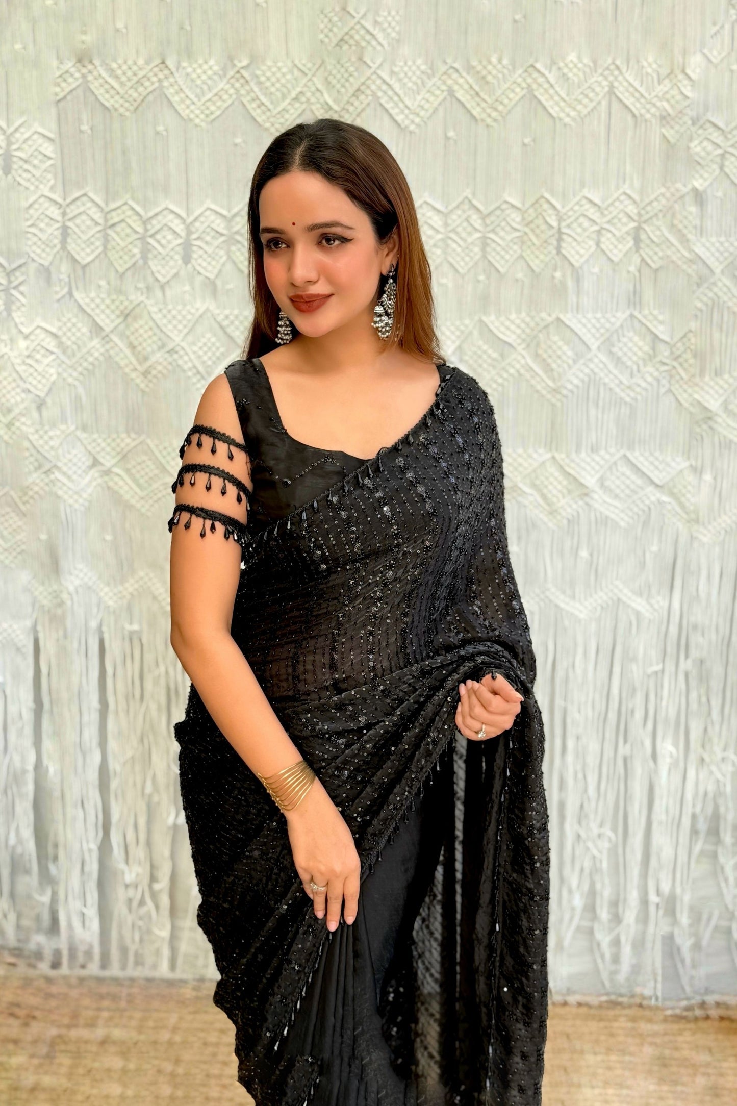 Luxury Black Georgette Sequins Embroidered Saree Designer Cut Sleeve Blouse