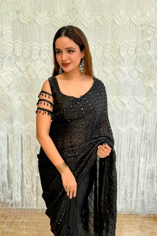 Luxury Black Georgette Sequins Embroidered Saree Designer Cut Sleeve Blouse