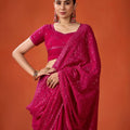 Rani Pink Embroidered Saree with Matching Blouse Party Wear Saree