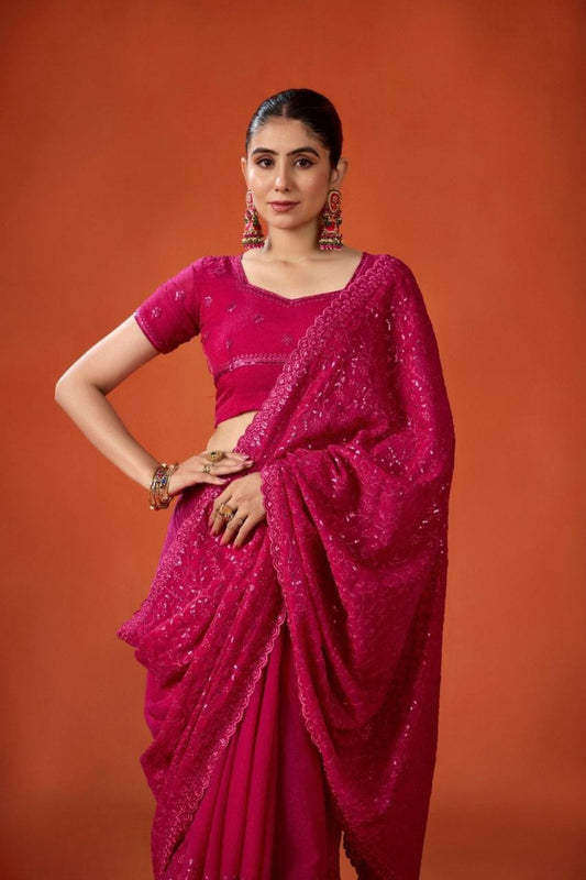 Rani Pink Embroidered Saree with Matching Blouse Party Wear Saree
