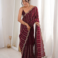  Wine Maroon Organza Silk Saree Golden Zari Embroidery Designer Blouse