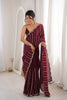  Wine Maroon Organza Silk Saree Golden Zari Embroidery Designer Blouse