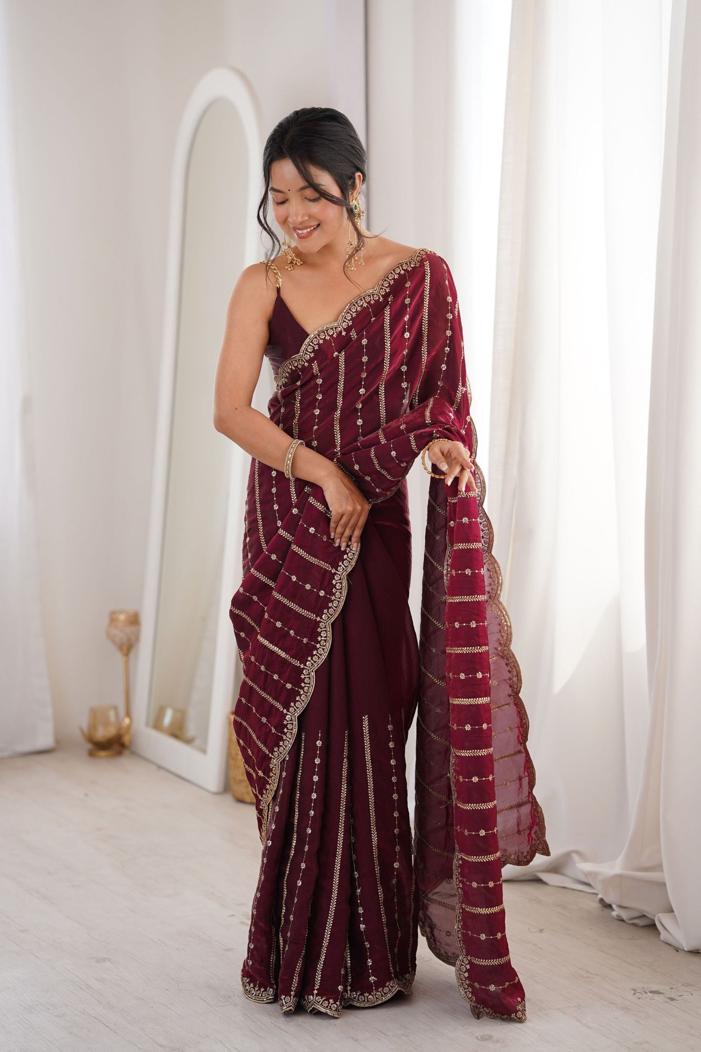  Wine Maroon Organza Silk Saree Golden Zari Embroidery Designer Blouse
