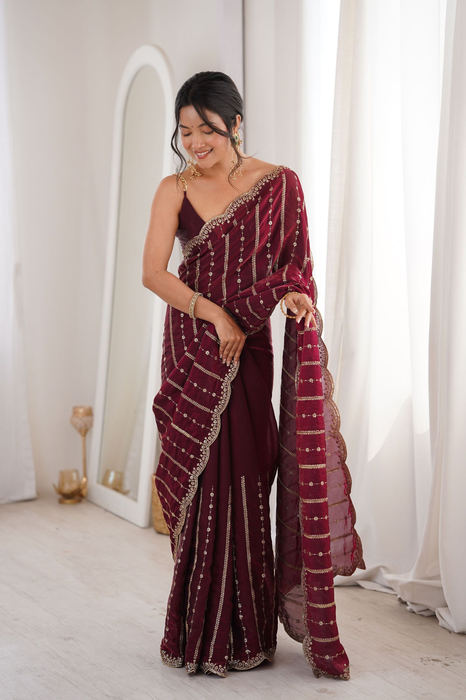  Wine Maroon Organza Silk Saree Golden Zari Embroidery Designer Blouse