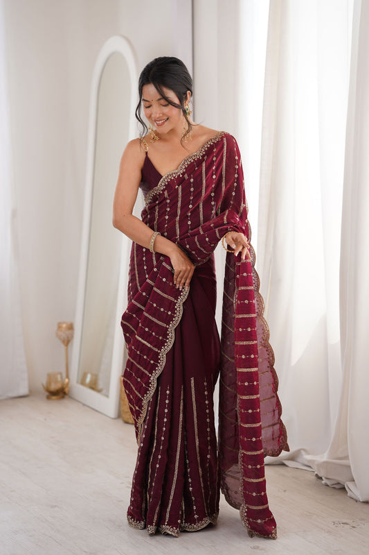  Wine Maroon Organza Silk Saree Golden Zari Embroidery Designer Blouse