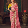 Pink Banarasi Silk Saree with Golden Zari Contrast Yellow Blouse