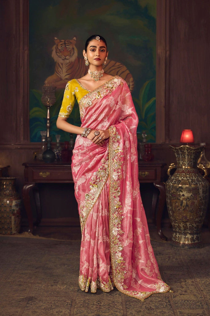 Pink Banarasi Silk Saree with Golden Zari Contrast Yellow Blouse