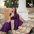 Wine Purple Floral Woven Linen Silk Saree Designer Peacock Border