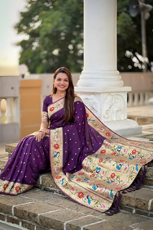 Wine Purple Floral Woven Linen Silk Saree Designer Peacock Border