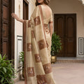 Elegant Beige Floral Printed Linen Silk Saree with Brown Border