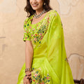 Lime Green Embroidered Saree with Floral Thread Work Elegant Border