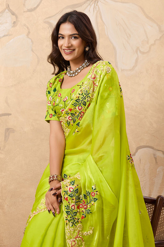Lime Green Embroidered Saree with Floral Thread Work Elegant Border