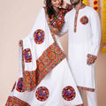 White Rayon Couple Navratri Outfit with Multicolor Kutchi Mirror and Elephant Embroidery