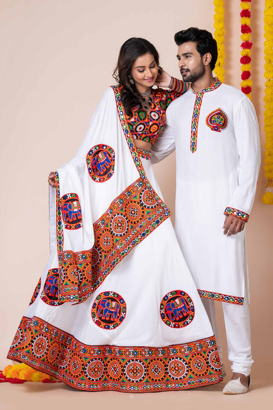 White Rayon Couple Navratri Outfit with Multicolor Kutchi Mirror and Elephant Embroidery