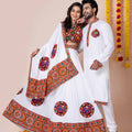 White Rayon Couple Navratri Outfit with Multicolor Kutchi Mirror and Elephant Embroidery