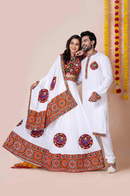 White Rayon Couple Navratri Outfit with Multicolor Kutchi Mirror and Elephant Embroidery