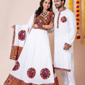 White Rayon Couple Navratri Outfit with Multicolor Kutchi Mirror and Elephant Embroidery