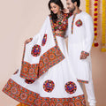 White Rayon Couple Navratri Outfit with Multicolor Kutchi Mirror and Elephant Embroidery