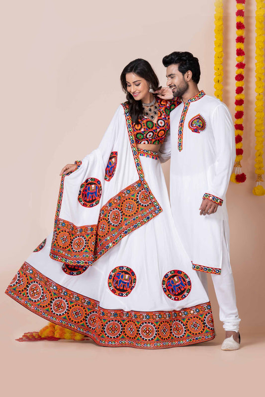 White Rayon Couple Navratri Outfit with Multicolor Kutchi Mirror and Elephant Embroidery