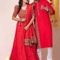 Red Rayon Couple Navratri Outfit with Multicolor Kutchi Mirror and Elephant Embroidery