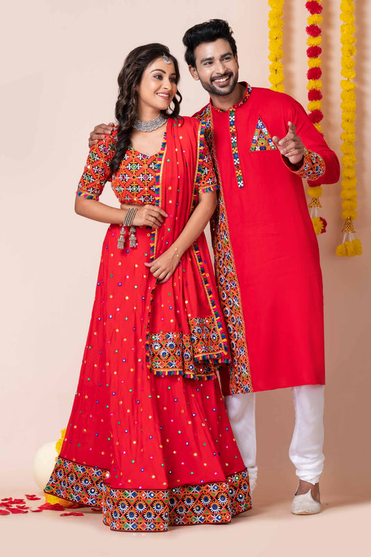 Red Rayon Couple Navratri Outfit with Multicolor Kutchi Mirror and Elephant Embroidery