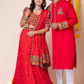 Red Rayon Couple Navratri Outfit with Multicolor Kutchi Mirror and Elephant Embroidery