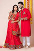 Red Rayon Couple Navratri Outfit with Multicolor Kutchi Mirror and Elephant Embroidery