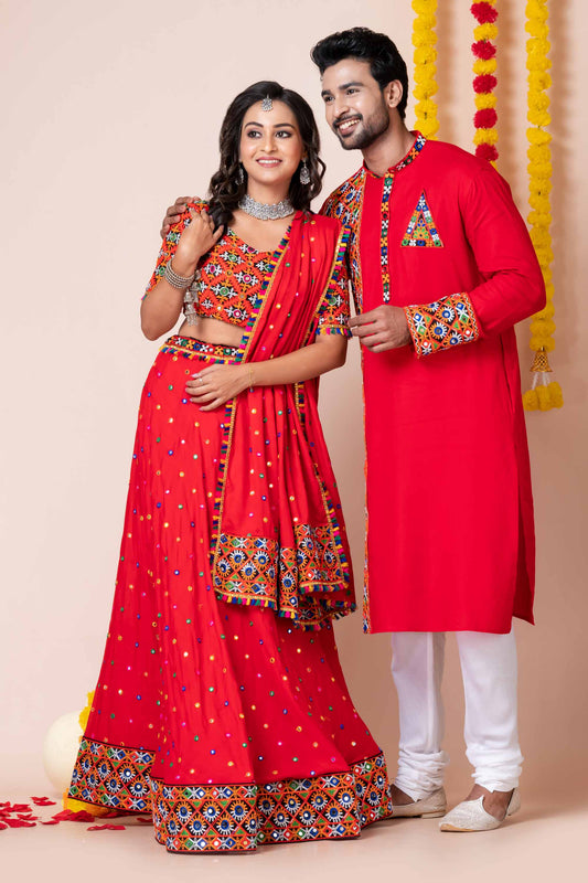 Red Rayon Couple Navratri Outfit with Multicolor Kutchi Mirror and Elephant Embroidery