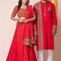 Red Rayon Couple Navratri Outfit with Multicolor Kutchi Mirror and Elephant Embroidery
