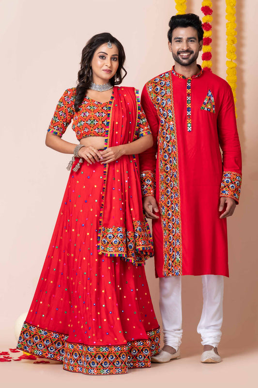 Red Rayon Couple Navratri Outfit with Multicolor Kutchi Mirror and Elephant Embroidery