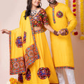 Vibrant Yellow Rayon Couple Navratri Outfit with Kutchi Mirror and Elephant Embroidery