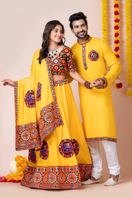 Vibrant Yellow Rayon Couple Navratri Outfit with Kutchi Mirror and Elephant Embroidery